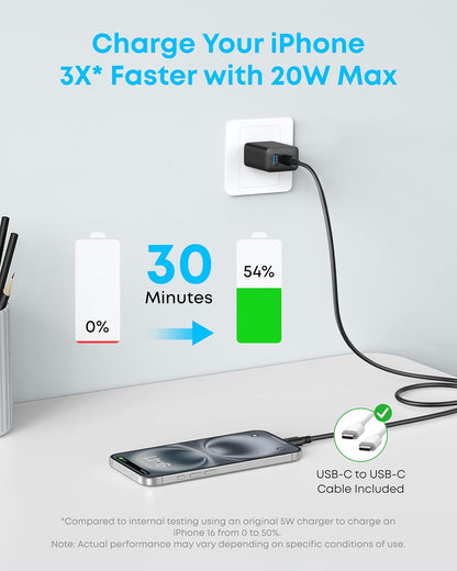 Anker iPhone 17/16 Charger, 2-Pack 20W Fast USB C Charger Block, for iPhone 16/16 Pro Max/15 Series/iPad Pro and More (Black, 2 Pack & 2 Cable)