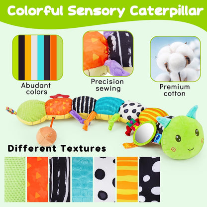 Baby Sensory Toy 0-6 Month Music Animal Stuffed Plush Caterpillar Toy for Infant 0-3-6-12 Month Old Tummy Time with Baby Mirror Crinkle Rattle Carseat Toys for Newborn Boys Girl Shower Gifts