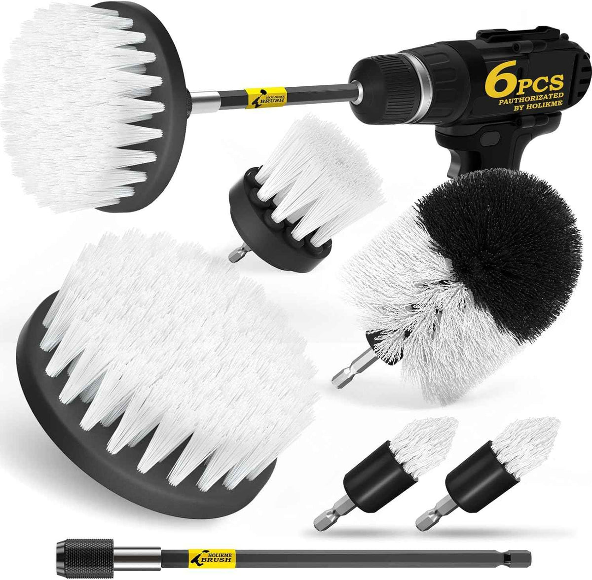 Holikme 6Pack Drill Brush Power Scrubber Cleaning Brush Extended Long Attachment Set All Purpose Drill Scrub Brushes Kit for Grout, Floor, Tub, Bathroom and Kitchen Surface,Scratch Brushes（Yellow）