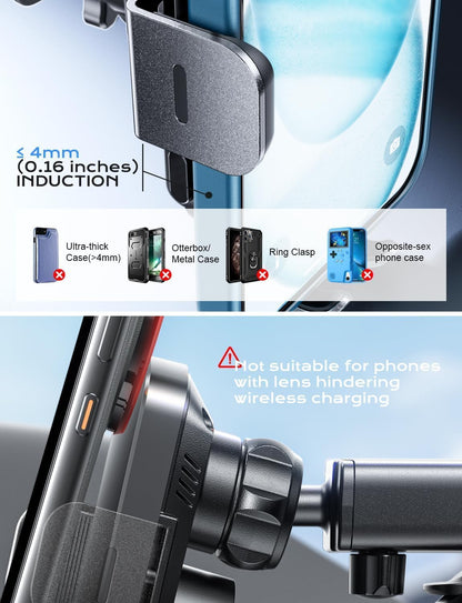 CHGeek Wireless Car Charger, 15W Fast Charging Auto Clamping Phone Holders for Your Car Phone Mount for Car fit for iPhone 17 16 15 14 13 12 Pro Max 11 XR XS, Samsung Galaxy S25 Ultra S24 S23, Black