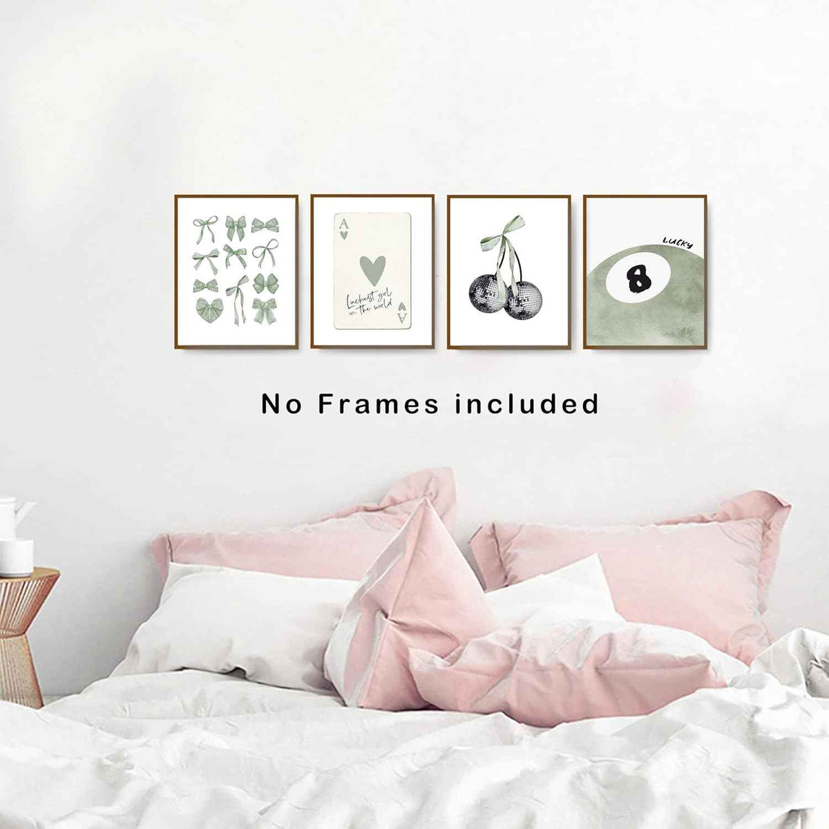 okaxscm Sage Green Coquette Trendy Preppy Wall Art Prints Set of 4, Coquette Preppy Room Decor Aesthetic, Green Bow Disco 8 Ball Cherry Wall Decor Posters for Girls Bedroom Dorm, 8x10 Unframed
