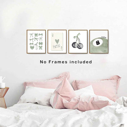 okaxscm Sage Green Coquette Trendy Preppy Wall Art Prints Set of 4, Coquette Preppy Room Decor Aesthetic, Green Bow Disco 8 Ball Cherry Wall Decor Posters for Girls Bedroom Dorm, 8x10 Unframed