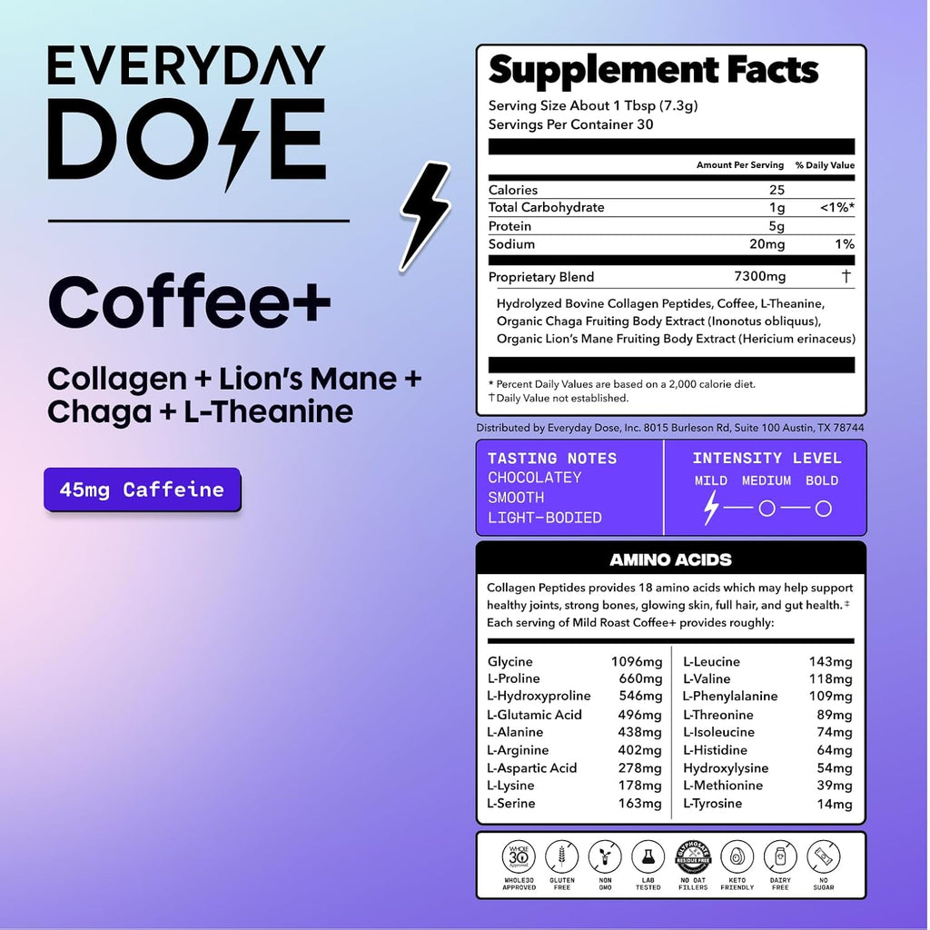 everyday dose premium adaptogenic mushroom coffee with grass-fed collagen 30 servings