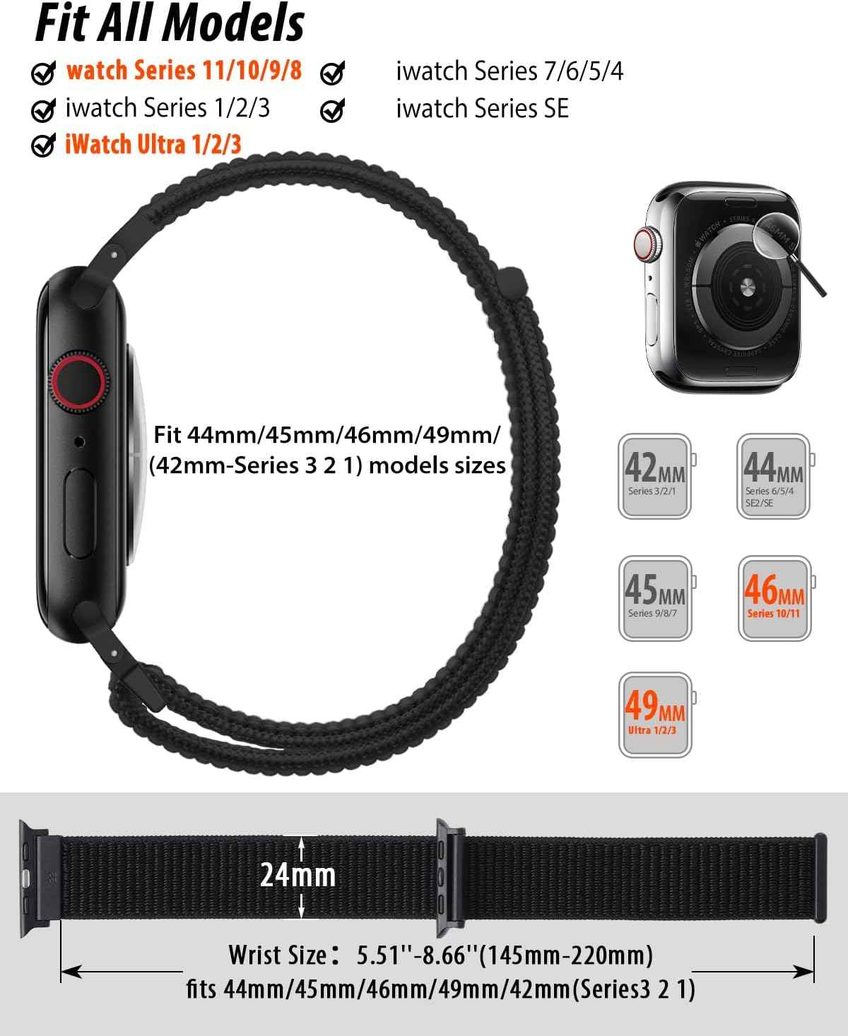 Nylon Loop Sport Band Compatible with Apple Watch Bands 44mm 45mm 46mm 49mm 42mm for Women Men, iWatch Wrist Straps for Ultra 3 2, Se, Series 11 10 9 8 7, Breathable, Soft Band Ideal for Outdoor