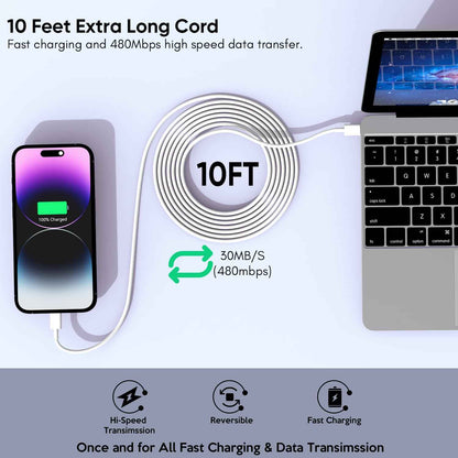 apple mfi certified 10ft iphone fast charger, 2-pack pd dual apple fast charger usbc charge block