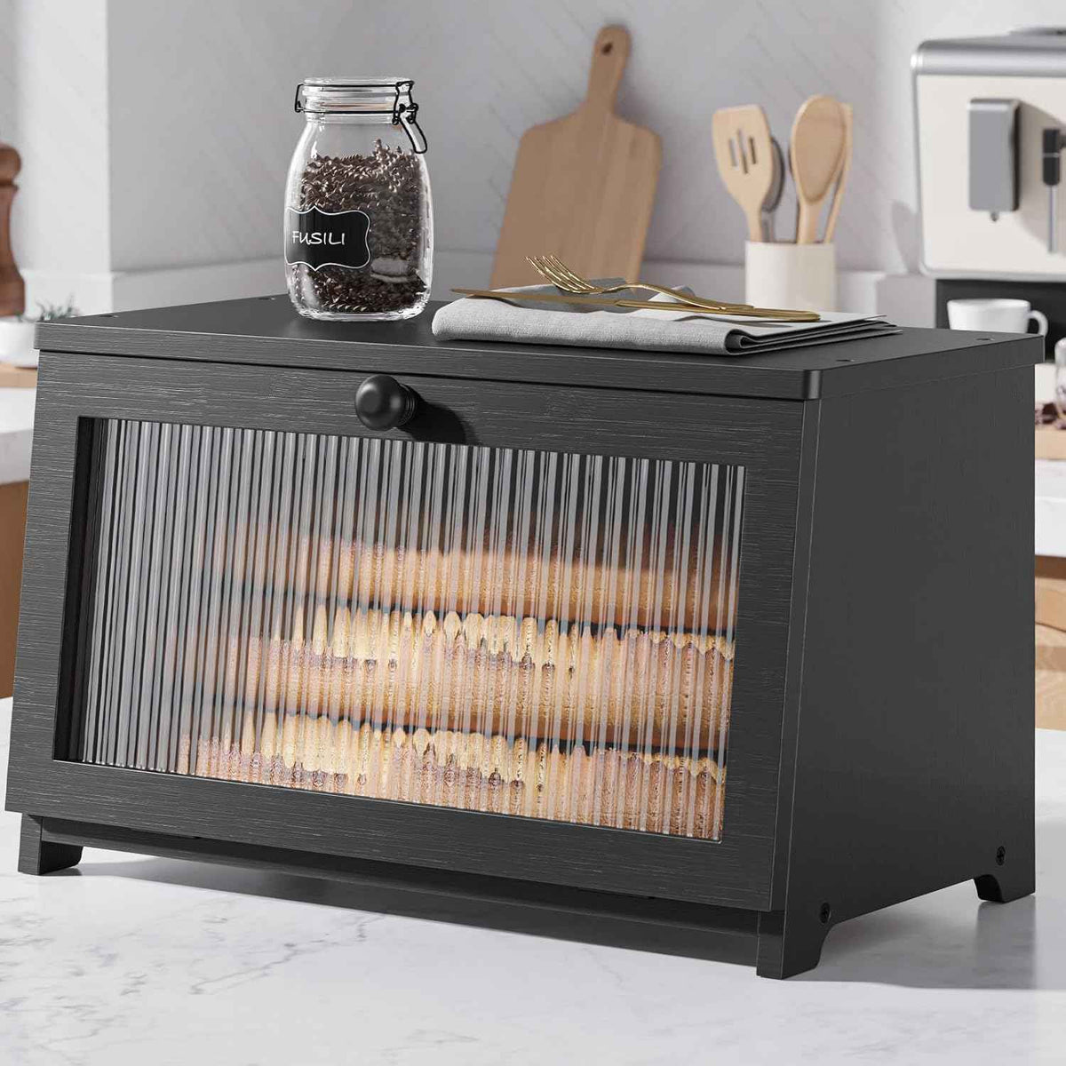 Kitsure Wooden Bread Box with Window, Large Capacity Kitchen Organizer, Stylish Black Storage Container