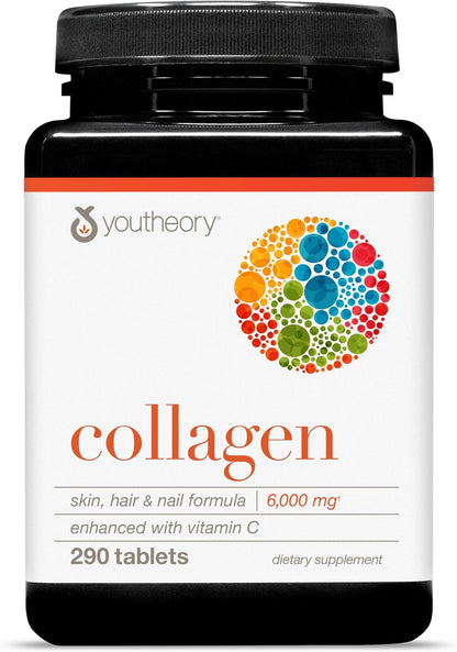 Youtheory Advanced Collagen - 6,000 mg Hydrolyzed Collagen Peptides - Includes Antioxidants & Contains Vitamin C - Hair Growth, Nails, Joint Health & Bone Support* - 290 Tablets (48-Day Supply)