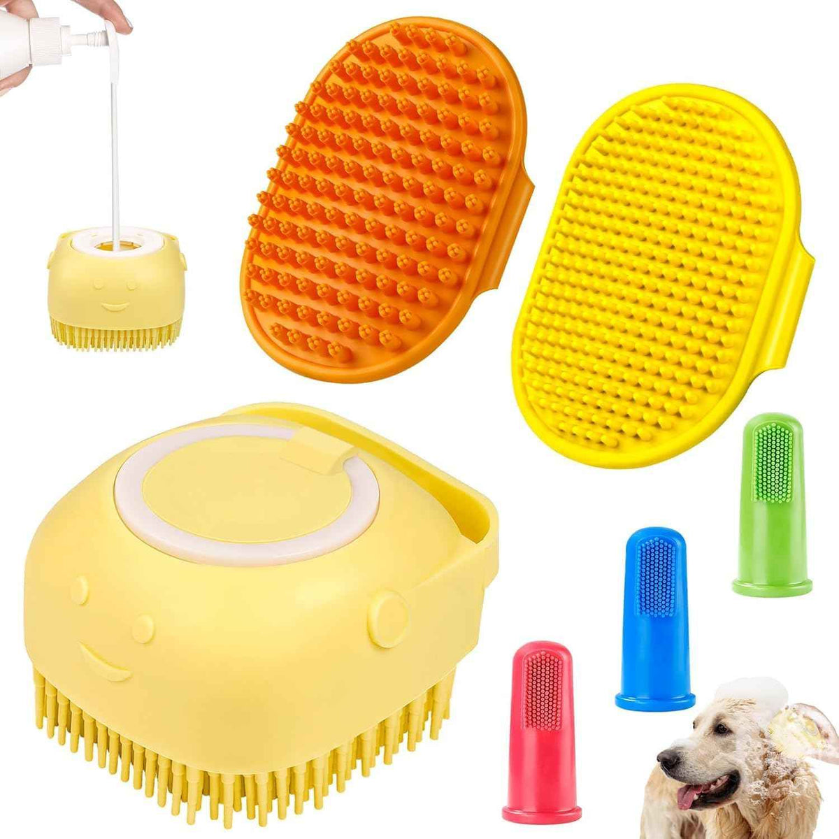 Comotech 6PCS Dog Bath Brush & Dog Toothbrush | Adjustable Handle Shampoo Brush & Scrubber for Short & Long Haired Dogs & Cats | Effectively Solve Odor & Stain Removal Problems | Pet Supplies (Blue)