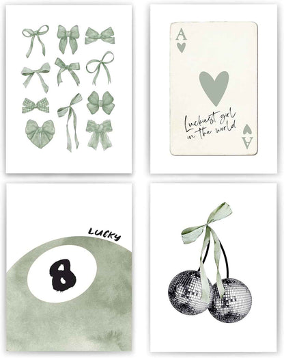 okaxscm Sage Green Coquette Trendy Preppy Wall Art Prints Set of 4, Coquette Preppy Room Decor Aesthetic, Green Bow Disco 8 Ball Cherry Wall Decor Posters for Girls Bedroom Dorm, 8x10 Unframed