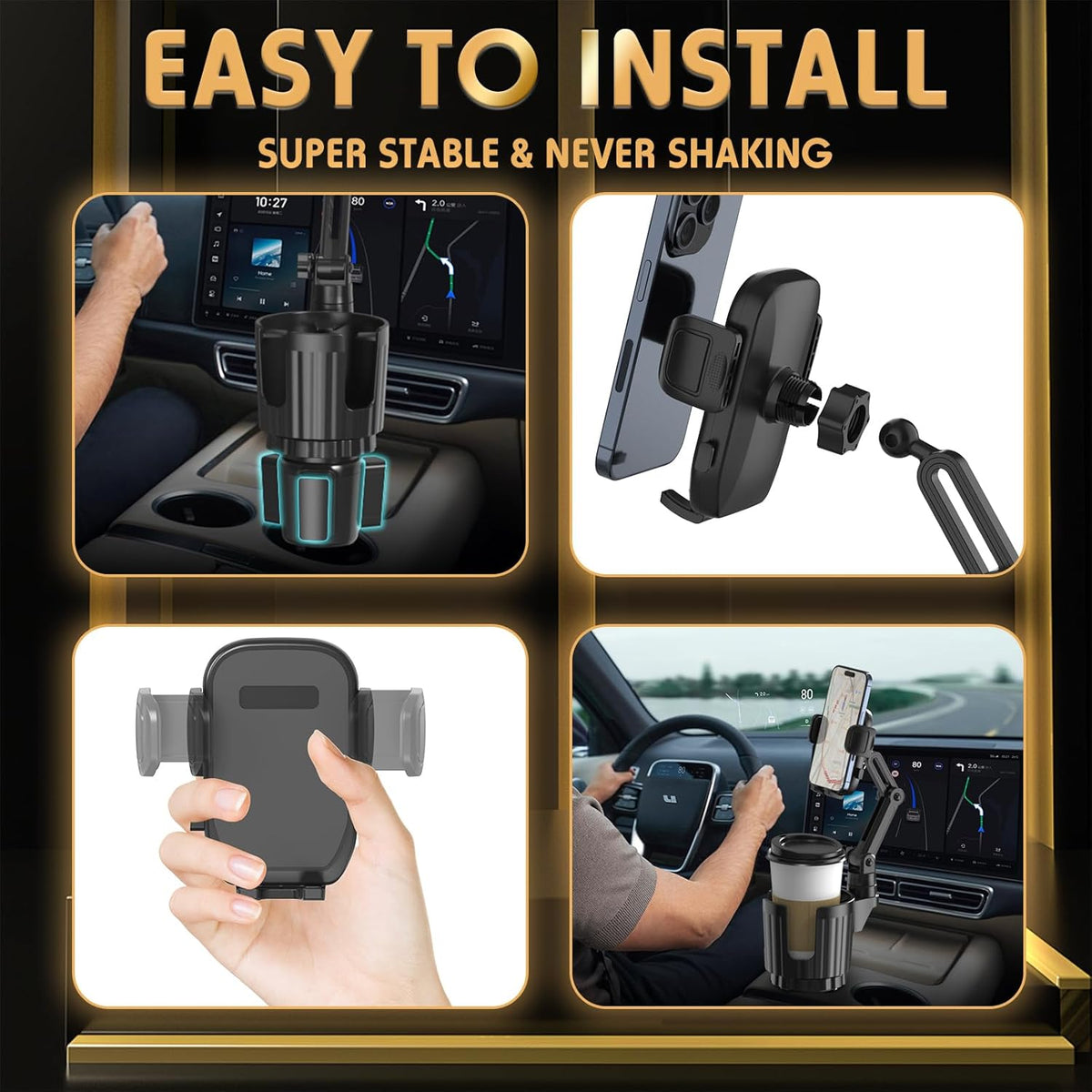 Phone Holders for Your Car, 2 in 1 Universal Cup Holder Expander Adjustable Base with Phone Mount, Long Arm with 360°Rotation Cup Holder Phones Mount for Car Compatible with All Smartphones - Rayz Mart