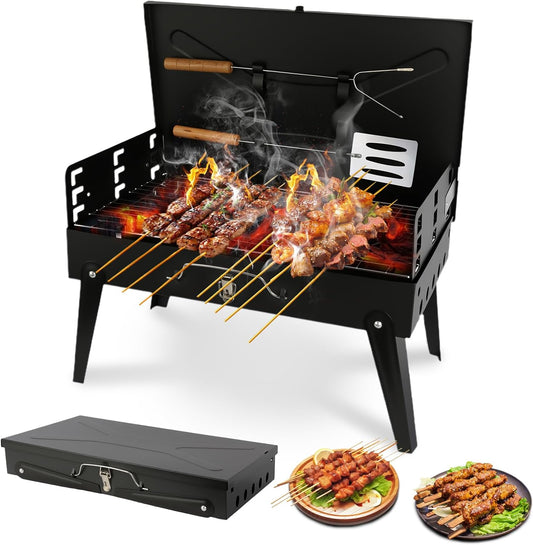 Portable Charcoal Grill Foldable BBQ Grill Kit - Compact Camping Grill for Outdoor BBQ, Cooking, Picnics, Beach, Backyard - Barbecue Accessories with Grill Tools