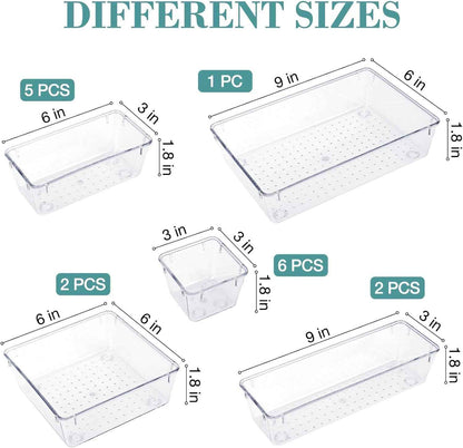 16-Piece Drawer Organizer Set - Clear Storage Bins for Makeup, Jewelry, Utensils and Gadgets