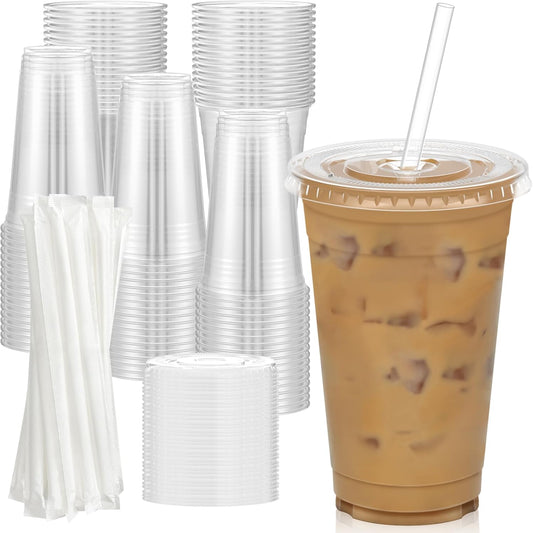 100 Pack - 20 oz Clear Plastic Cups with Lids and Straws, Sturdy & Food Safe Iced Coffee Cups with lids, Disposable Plastic Smoothie Cups for Cold Drinks