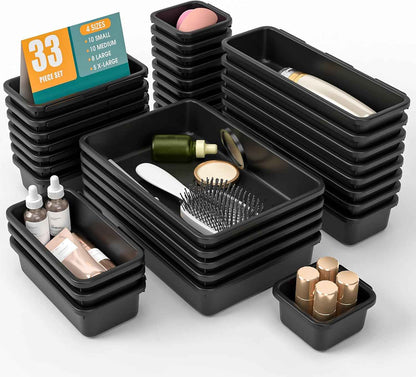 10 PCS Drawer Organizer Set, 4 Size Makeup Drawer Divider Organizer With Non-Slip Pads, Interlocking Plastic Storage Bins for Office,Jewelry Vanity,Gadgets, Bathroom,Kitchen, Black