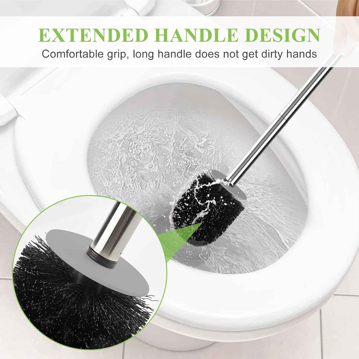 Compact Toilet Brush & Holder, Stainless Steel Handle, Space Saving for Storage, Deep Cleaning, Drip-Proof, Easy to Assemble, Nylon Bristles, White & Grey
