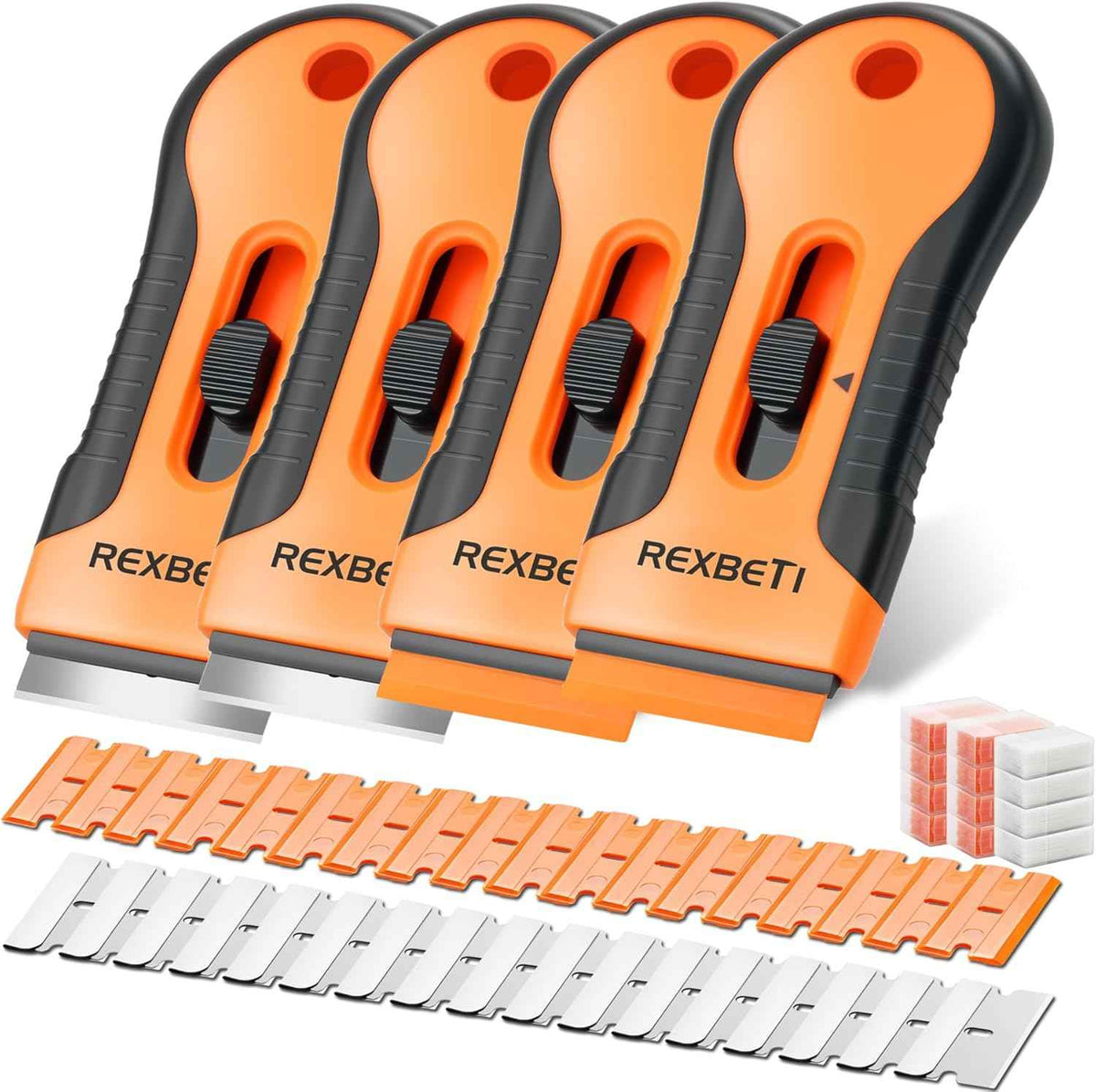 REXBETI Razor Blade Scraper Tool, 2 Pack Razor Scraper Set with Extra 80Pcs Razor Blades -30Pcs Metal and 50Pcs Plastic Blades, Cleaning Scraper Tool, Cooktop, Paint, Glass Scraper