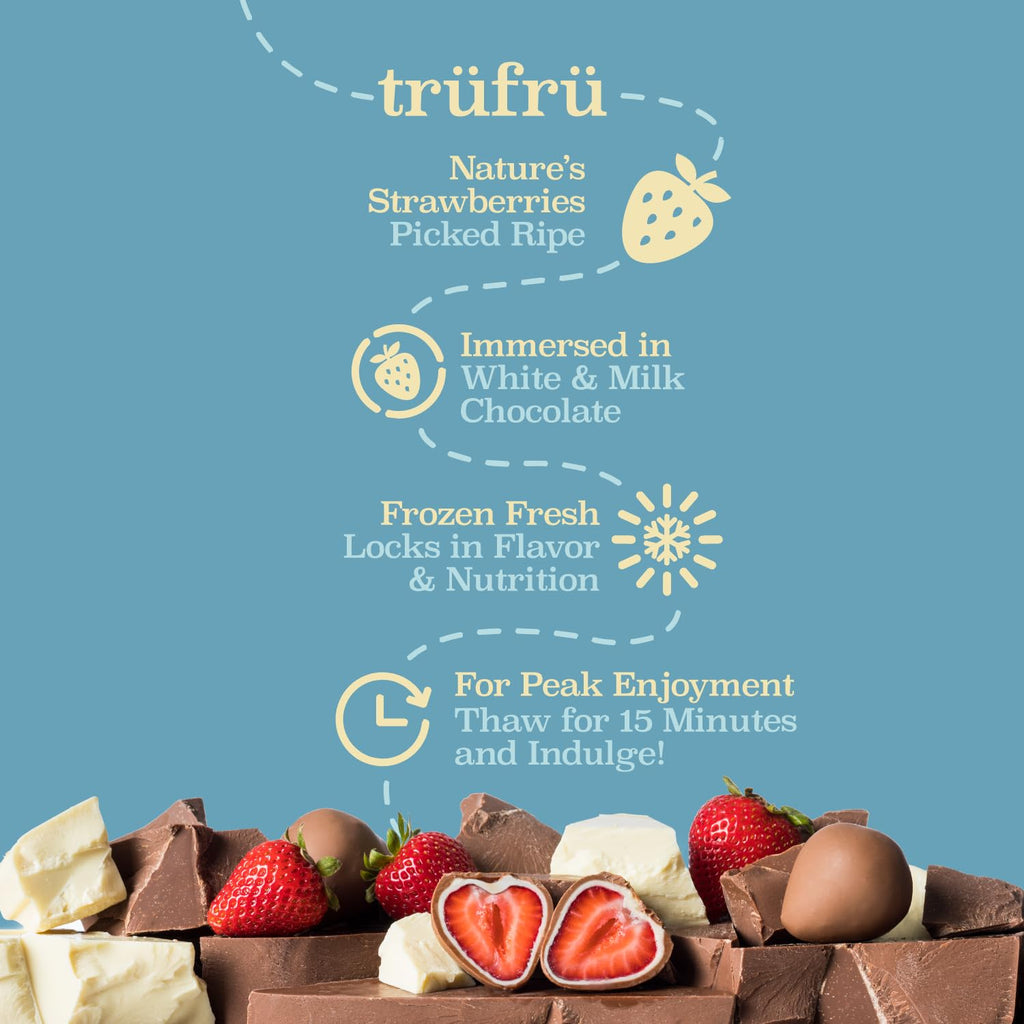 trufru natures strawberries hyper-chilled white milk chocolate 8 ounce bag