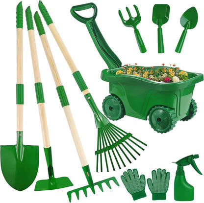 Duckura Kids Gardening Tools Set - 7pcs Wheelbarrow Set for Kids with Shovel, Rake, Leaf Rake, Summer Outdoor Yard Digging Weed Birthday Gifts Toys, Valentine's for Boys Girls Age 2 3+ Years(Green)