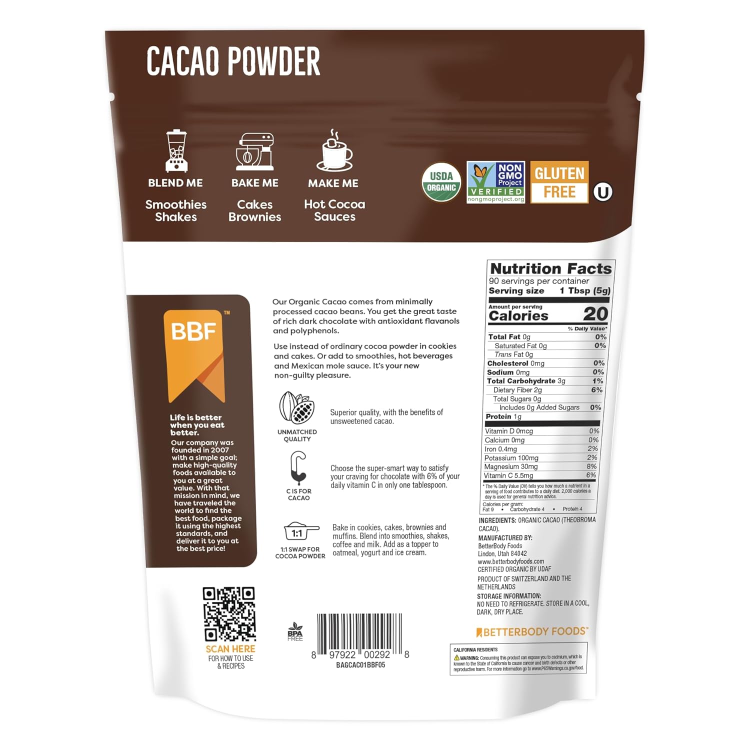 BetterBody Foods Organic Cacao Powder, 16 oz, Rich Chocolate, Non-GMO, Gluten-Free, Cocoa, 1 lb bag