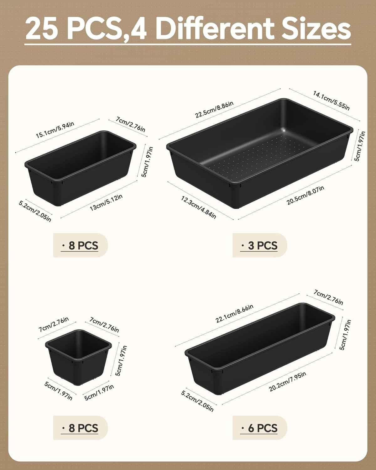 25-piece plastic drawer organizer set for makeup and desk storage, 4 sizes, black, stackable, easy to assemble