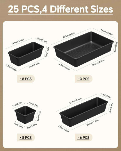 25-piece plastic drawer organizer set for makeup and desk storage, 4 sizes, black, stackable, easy to assemble