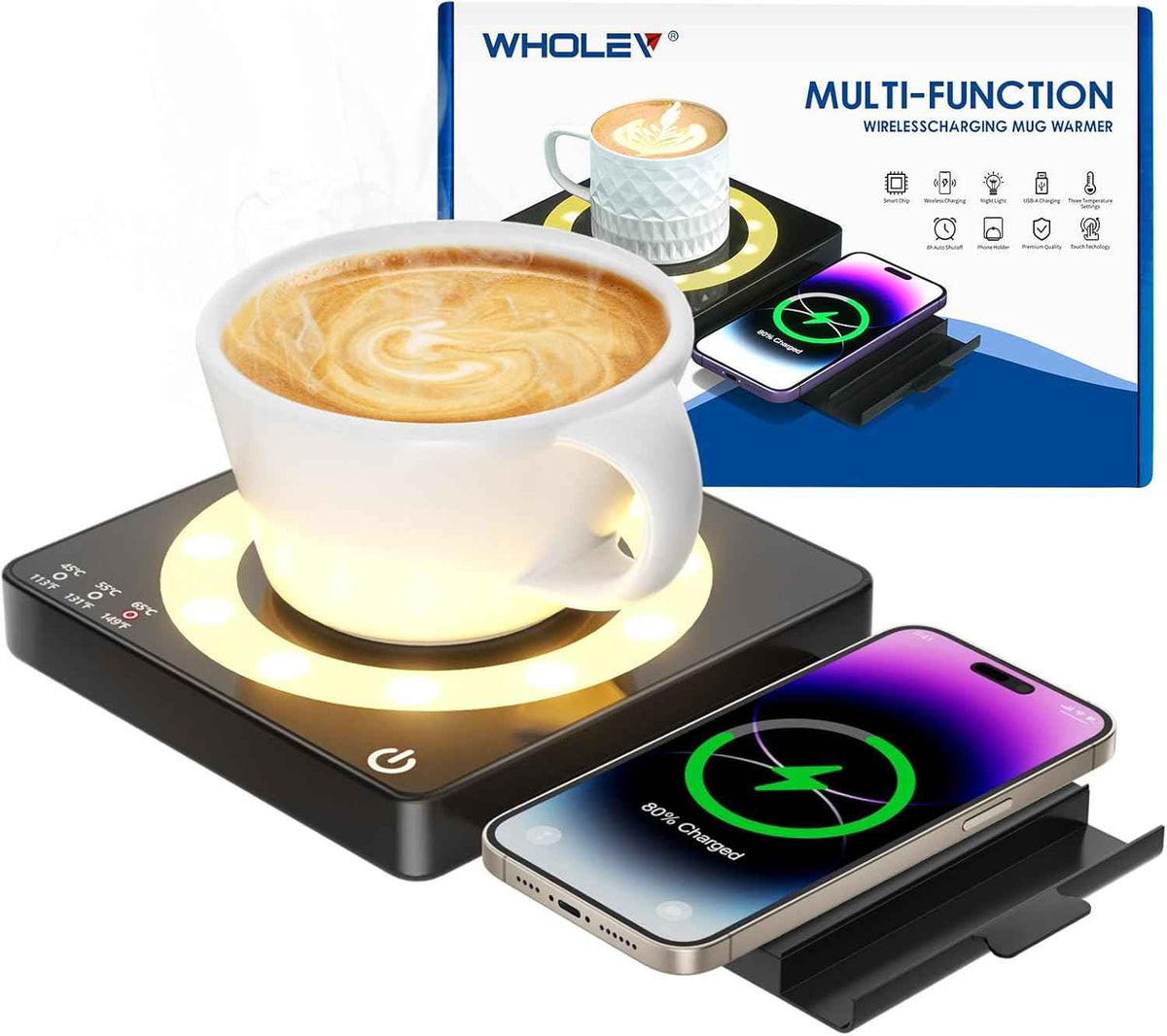 Coffee Mug Warmer, Smart Mug Warmer, 15W Wireless Phone Charging, 3 Heat Settings Temperature Controlled, 8H Auto Off, Candle Warmer, Safe for Heating Coffee, Beverage, Milk, Tea (Blue)
