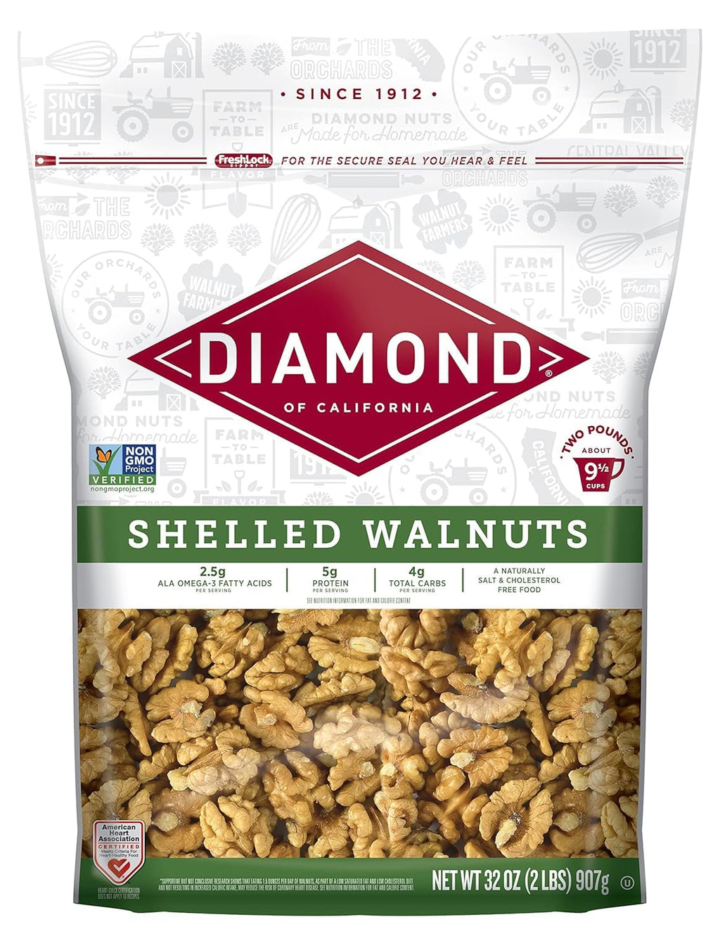 Diamond of California Shelled Walnut Halves and Pieces, pre-shelled raw walnuts for baking and snacking, 32 oz, unsalted and non-gmo