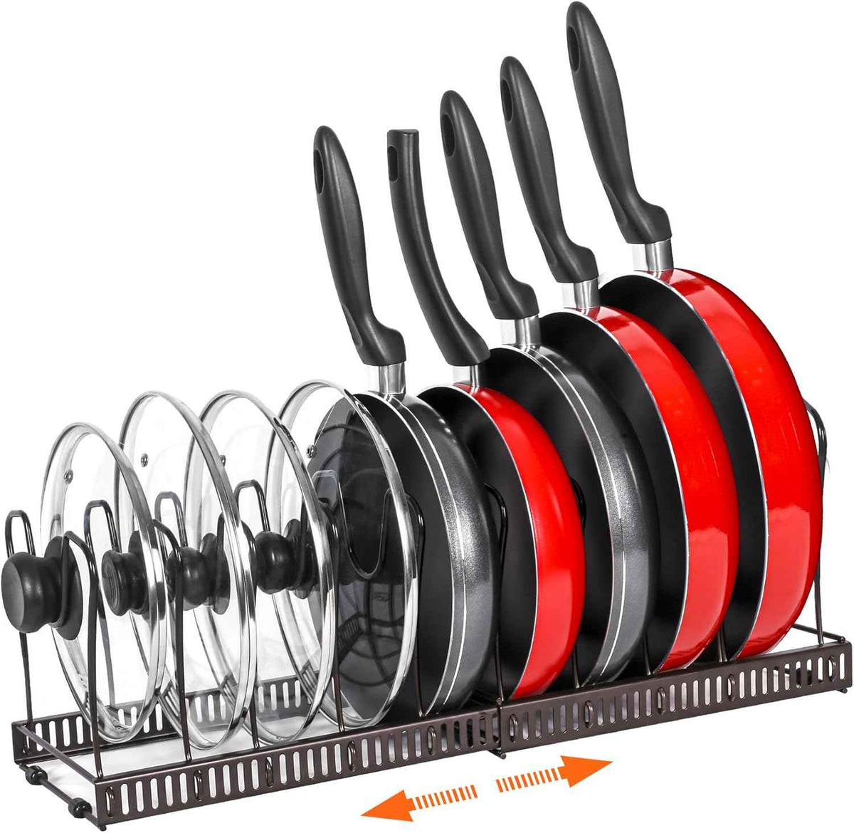 Pot Rack Organizer -Expandable Pot and Pan Organizer for Cabinet,Pot Lid Organizer Holder with 10 Adjustable Compartment for Kitchen Cabinet Cookware Baking Frying Rack,Bronze