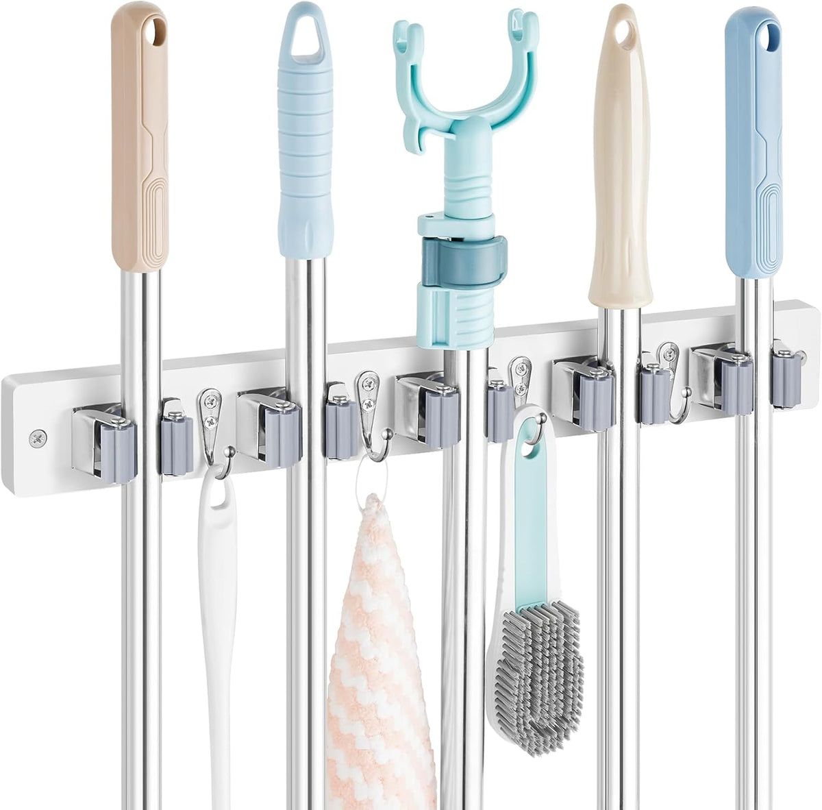Mop and Broom Holder Wall Mount - Rustic Wood Broom Mop Hanger - Wall Mounted Garden Tool Rack Organizer for Closet Garage Laundry Room Kitchen Decor With 4 Slots & 4 Hooks - Rayz Mart