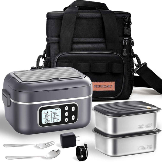 2 x 6.3-Cup Cordless Electric Heated Lunch Box, 100W Rechargeable Portable Food Warmer for Adults Work Travel Car - Battery-Powered & Self-Heating