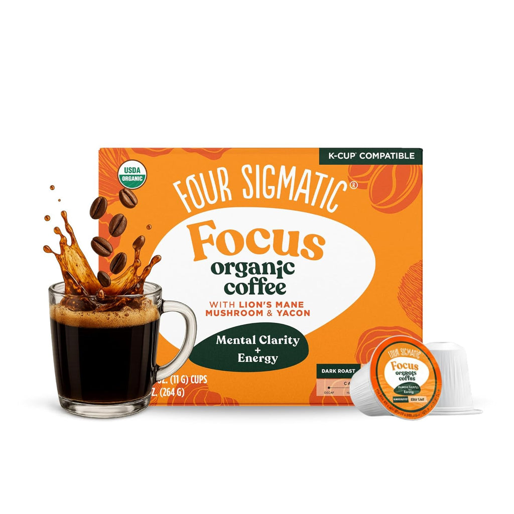 Four Sigmatic Organic Dark Roast K-Cups with Lion's Mane and Yacon, 24 Count, Sustainable Pods, Vegan and Keto Friendly