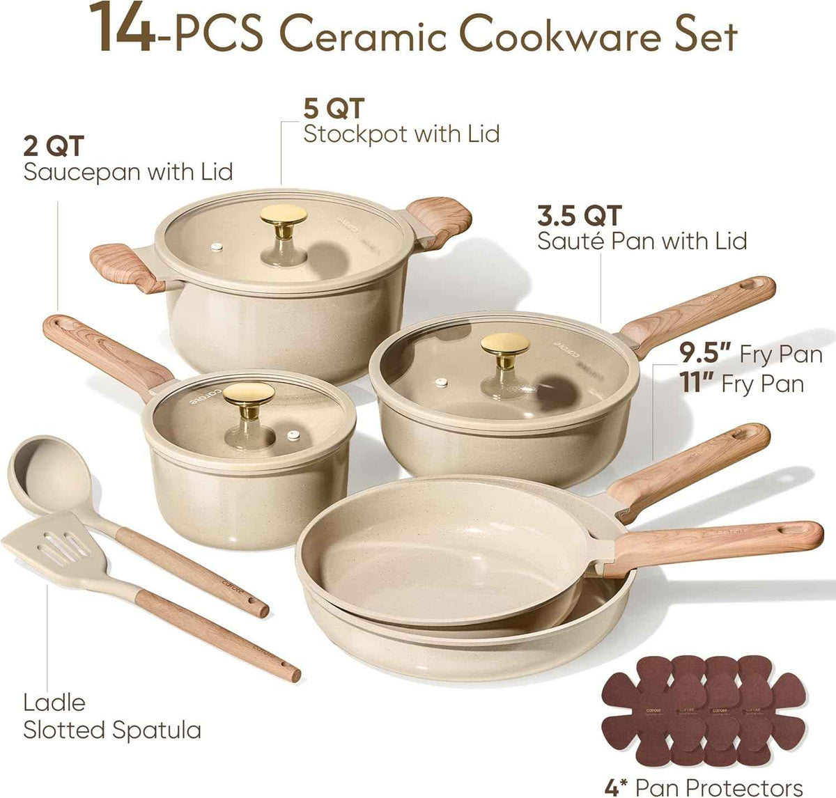 CAROTE 14Pcs Pots and Pans Set Non stick, Ceramic Cookware Set, Non-toxic Kitchen Cooking Set, PFAS and PFOA Free
