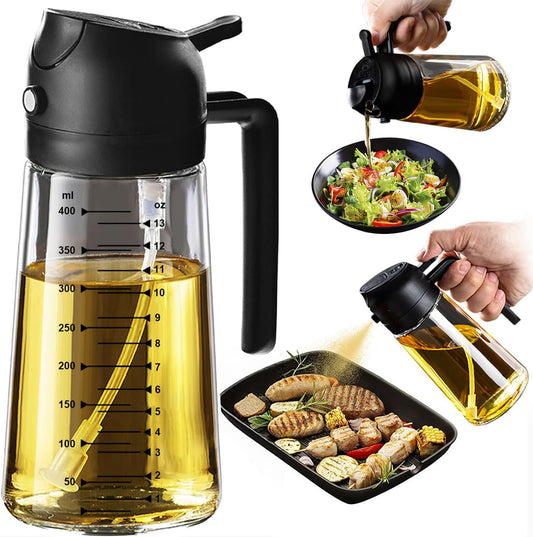 TrendPlain 16oz/470ml Glass Olive Oil Sprayer for Cooking – 2 in 1 Olive Oil Dispenser Bottle for Kitchen Gadgets and Air Fryer Accessories, Salad, BBQ - Black