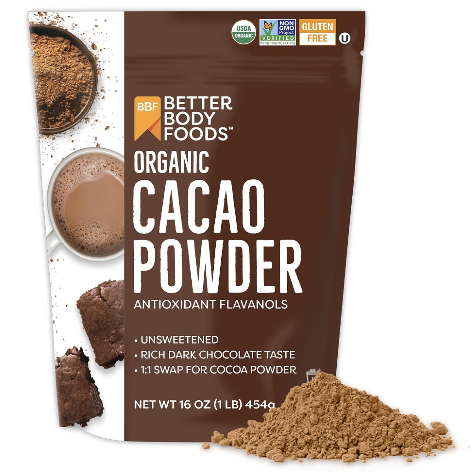 BetterBody Foods Organic Cacao Powder, 16 oz, Rich Chocolate, Non-GMO, Gluten-Free, Cocoa, 1 lb bag