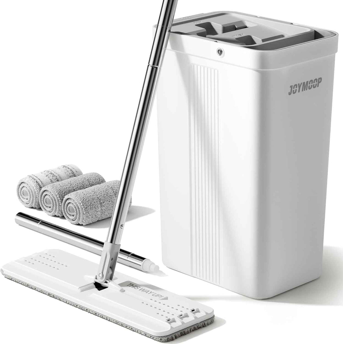 JOYMOOP Mop and Bucket Set with Wringer, Flat Mops for Floor Cleaning, Wall Mop Cleaner with Long Handle, Hardwood Floor Mop with 4 Microfiber Pads