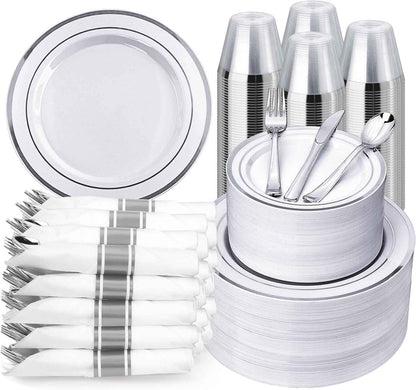 BESTVIP 700PCS Gold Plastic Dinnerware Set for 100 Guests, Disposable Plates for Party, Include: 200 Plastic Plates, 100 Pre Rolled Napkins with Gold Silverware, 100 Cups for Christmas, Halloween