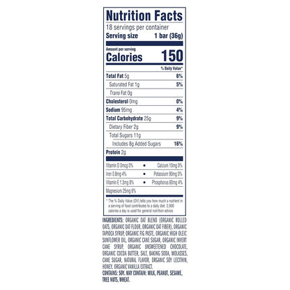 non-gmo usda organic chocolate chip soft-baked granola bars 18-pack 12g whole grains