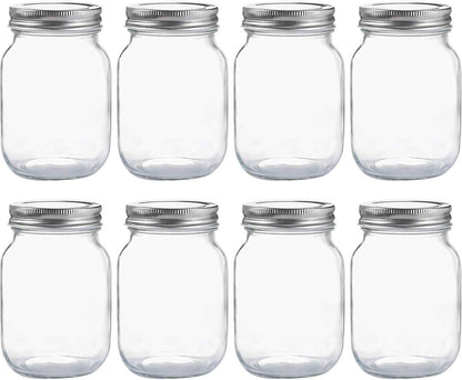 YINGERHUAN Glass Regular Mouth Mason Jars, 16 oz Clear Glass Jars with Silver Metal Lids for Sealing, Canning Jars for Food Storage, Overnight Oats, Dry Food, Snacks, Candies, DIY Projects (4PACK)