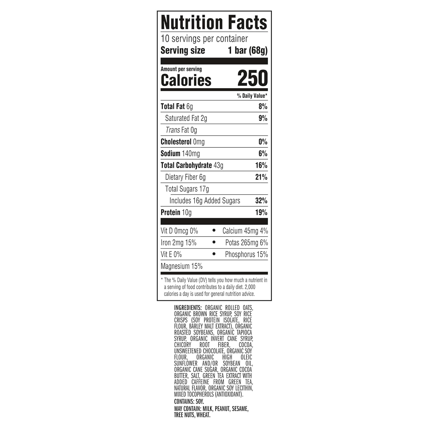clif bar cool mint chocolate energy bars with caffeine 10-pack organic oats non-gmo