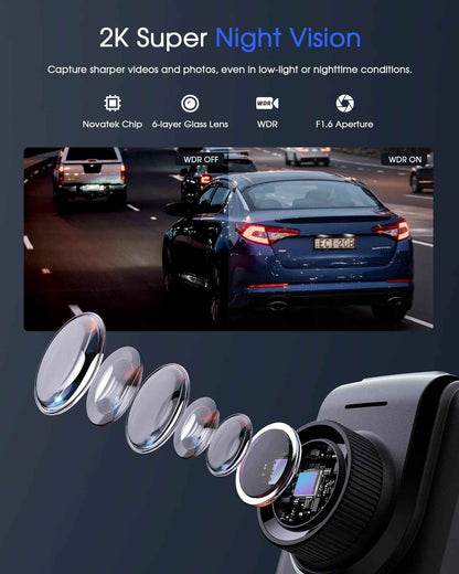 Avylet 2K WiFi dash cam with APP, External GPS, 1.5" IPS screen, WDR night vision, 24H parking monitor, loop recording, and G-sensor for cars