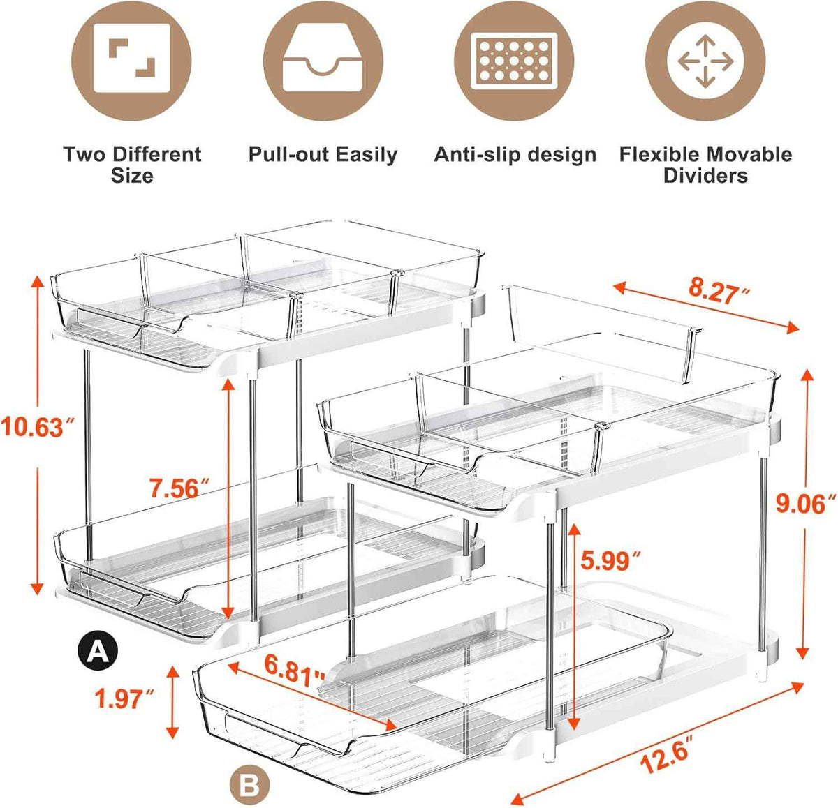 Delamu 2-Tier White Bathroom Under Sink Organizer, Stackable, 2-Pack, Durable, Customizable