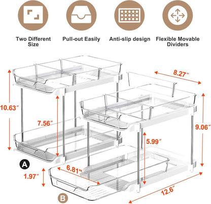 Delamu 2-Tier White Bathroom Under Sink Organizer, Stackable, 2-Pack, Durable, Customizable
