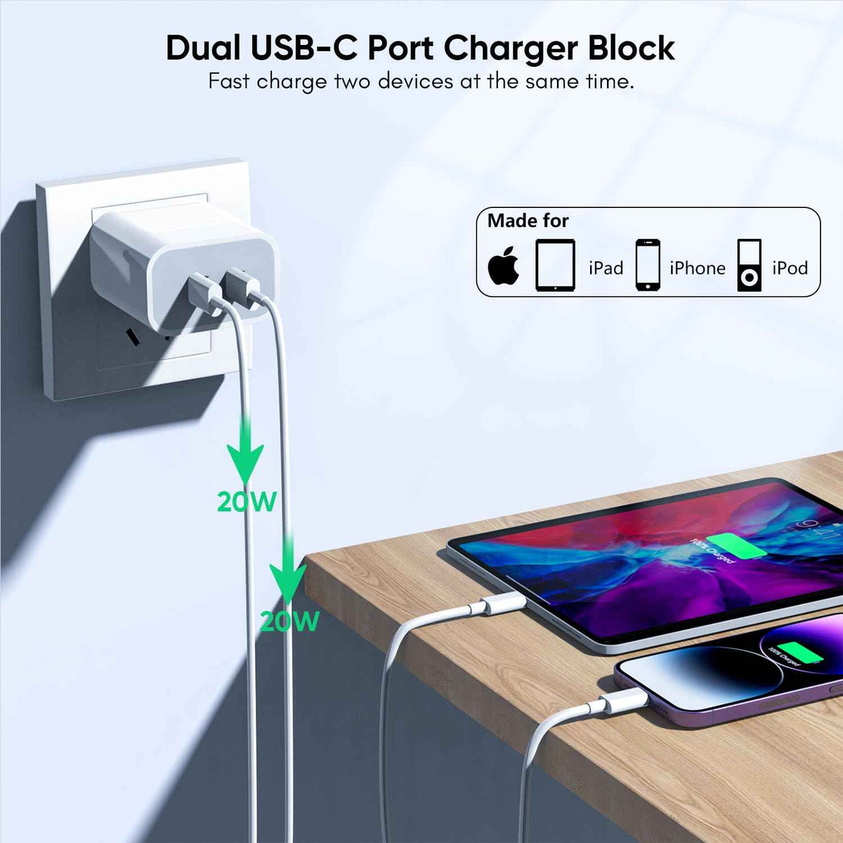 10FT iPhone Fast Charger,[Apple MFi Certified] 2Pack PD Dual Apple Fast Charger USBC Charge Block 10Foot Lightning Cable Cord Quick Charging for iPhone 14/Pro/Pro Max/Plus/13/12/11/XS/XR/X/SE2022/iPad