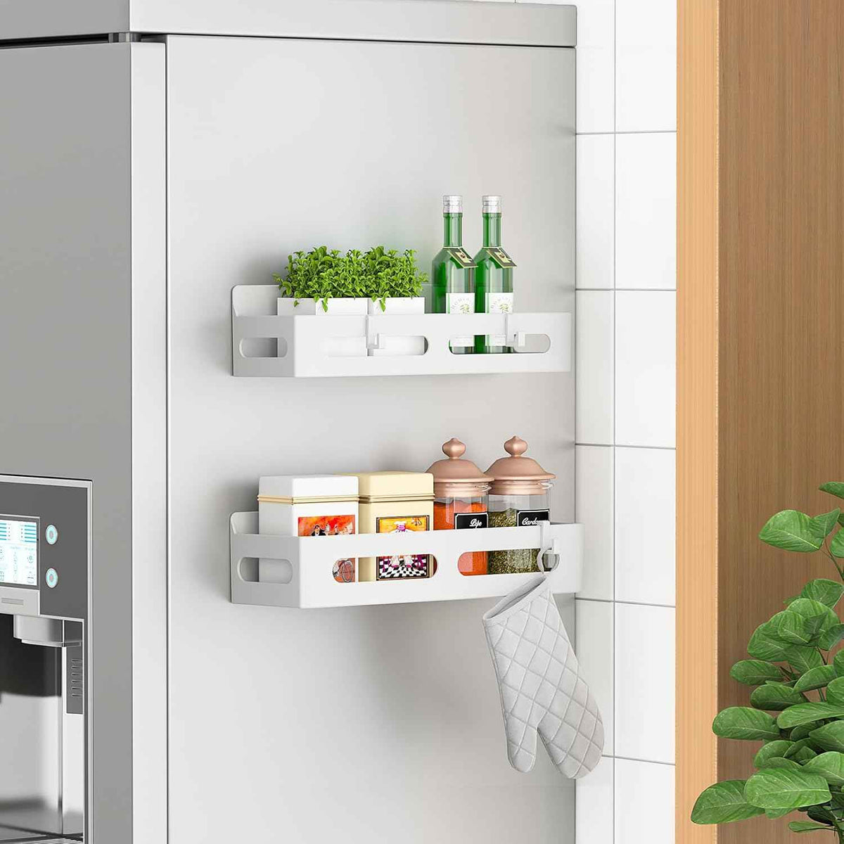 4 Pack Magnetic Spice Rack for Refrigerator, Spice Rack Organizer, Moveable Magnetic Shelf Fridge Organizer with 4 Hooks for Kitchen and Oven Organization, Black