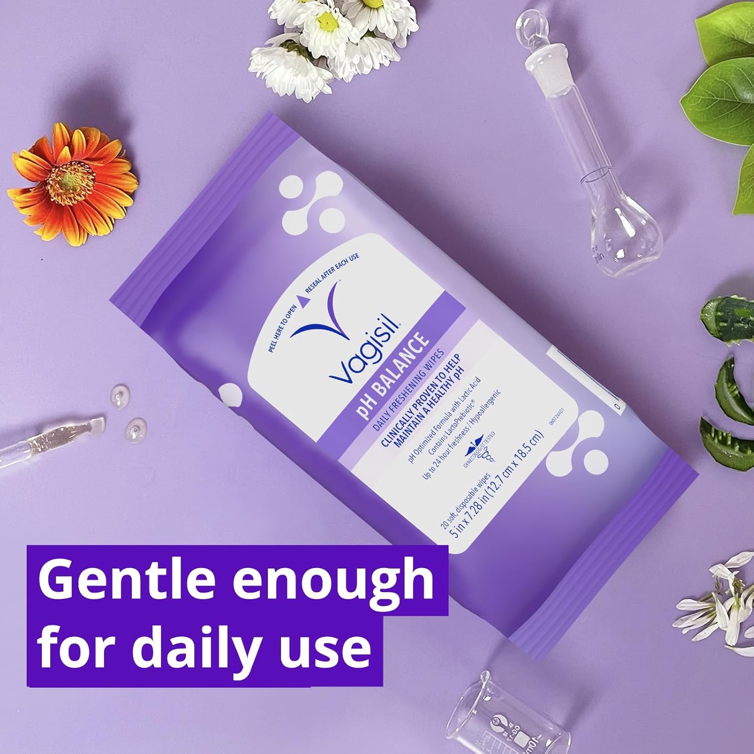 Vagisil pH Balance Daily Freshening Wipes, Hypoallergenic, Gynecologist Tested, Resealable Pouch, 20 Wipes
