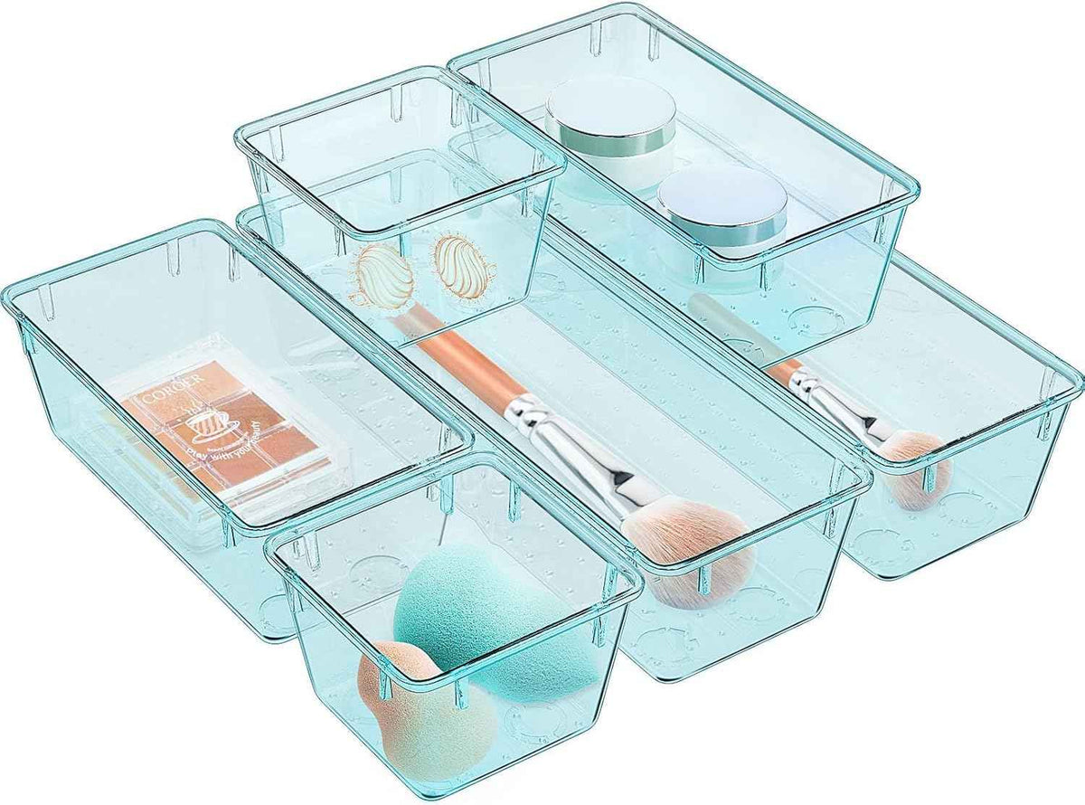 WOWBOX 6 Pack Clear Drawer Organizer Set, Acrylic Drawer Storage Trays, Storage Bins for Makeup, Cosmetics, Jewelries, Utensils, Gadgets, Office