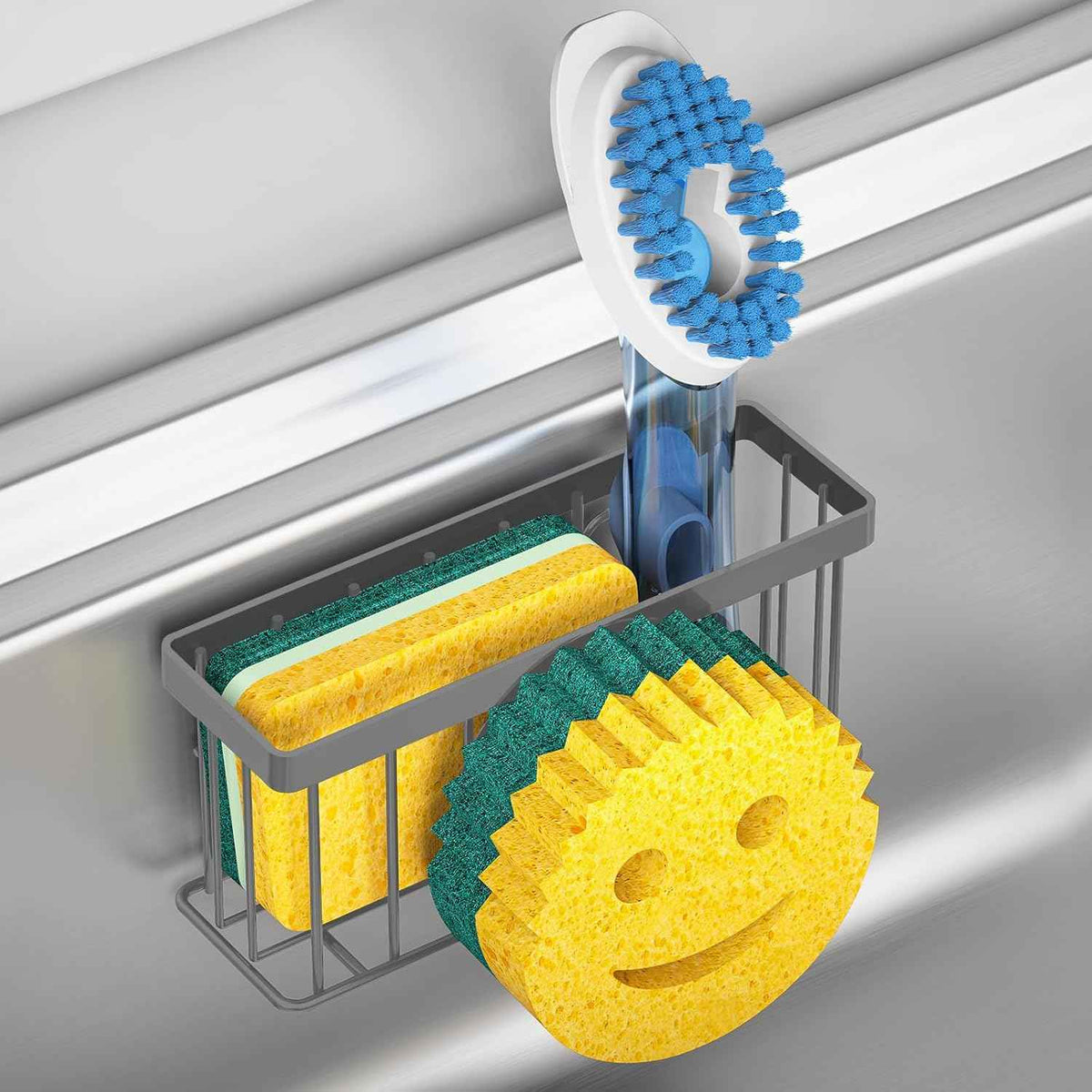 Sponge Holder Smiley Face,Sink Caddy,Sink Organizer with 2 Suction Cups/1 Adhesive Strips,Designed for Sponge,Soap,Dish Brush,Scrubber - Black