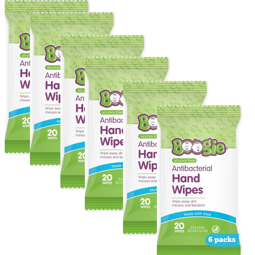 Boogie Antibacterial Hand Wipes, 100 Total Wipes, 5 Packs of 20, Alcohol Free, Hypoallergenic, Moisturizing Aloe for Kids and Adults