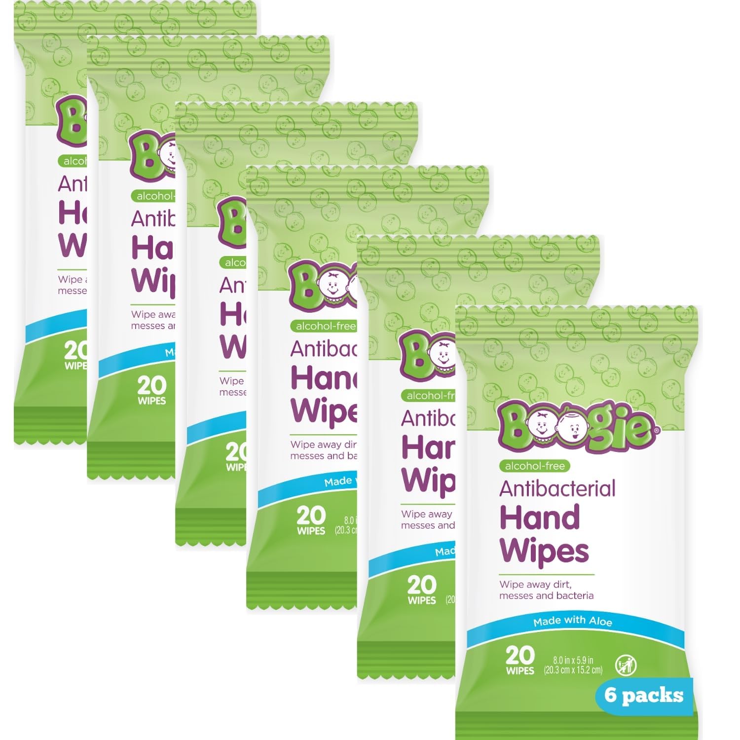 Boogie Antibacterial Hand Wipes, 100 Total Wipes, 5 Packs of 20, Alcohol Free, Hypoallergenic, Moisturizing Aloe for Kids and Adults