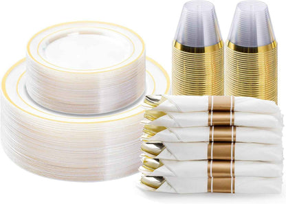 BESTVIP 700PCS Gold Plastic Dinnerware Set for 100 Guests, Disposable Plates for Party, Include: 200 Plastic Plates, 100 Pre Rolled Napkins with Gold Silverware, 100 Cups for Christmas, Halloween